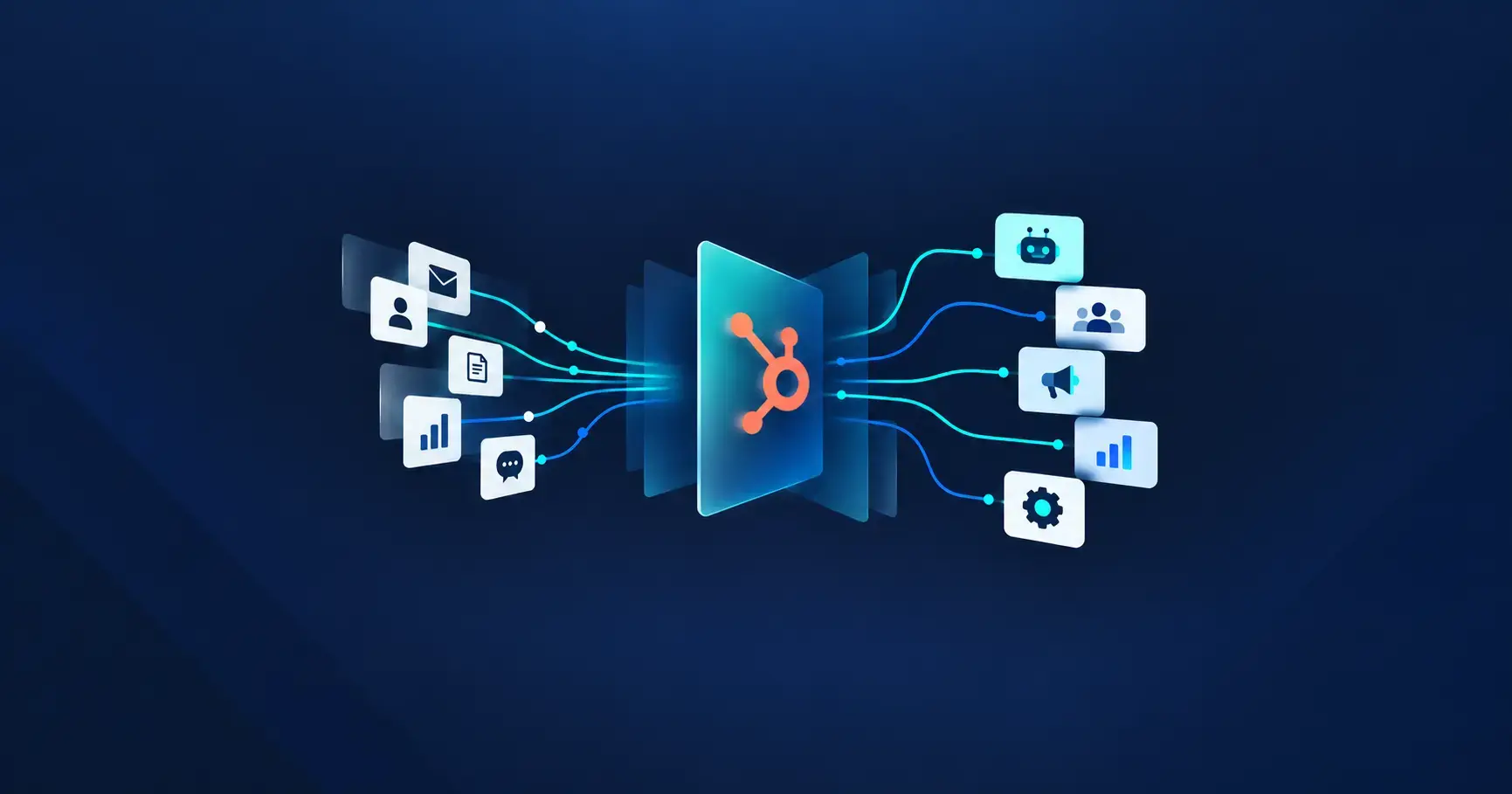 Ilustración conceptual de HubSpot conectando datos, contexto, inteligencia artificial, marketing, ventas y automatización.