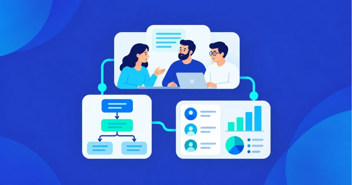 Ilustración de un equipo trabajando con un CRM, conectado a un flujo de procesos y un panel de datos.