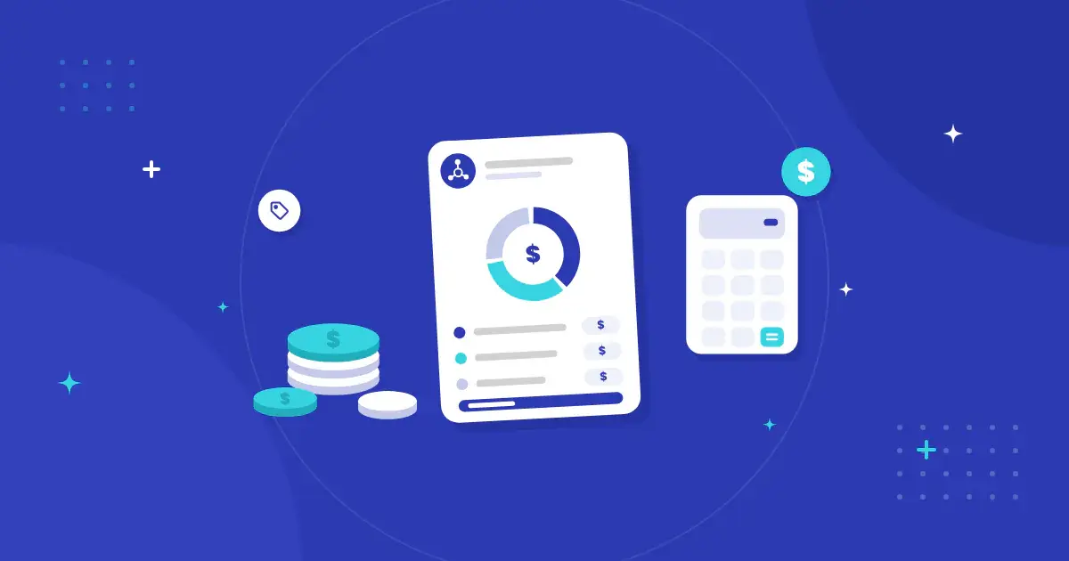 Ilustración de una cotización de implementación de HubSpot con un gráfico que desglosa el costo en tres partes, junto a una pila de monedas, una etiqueta de precio y una calculadora