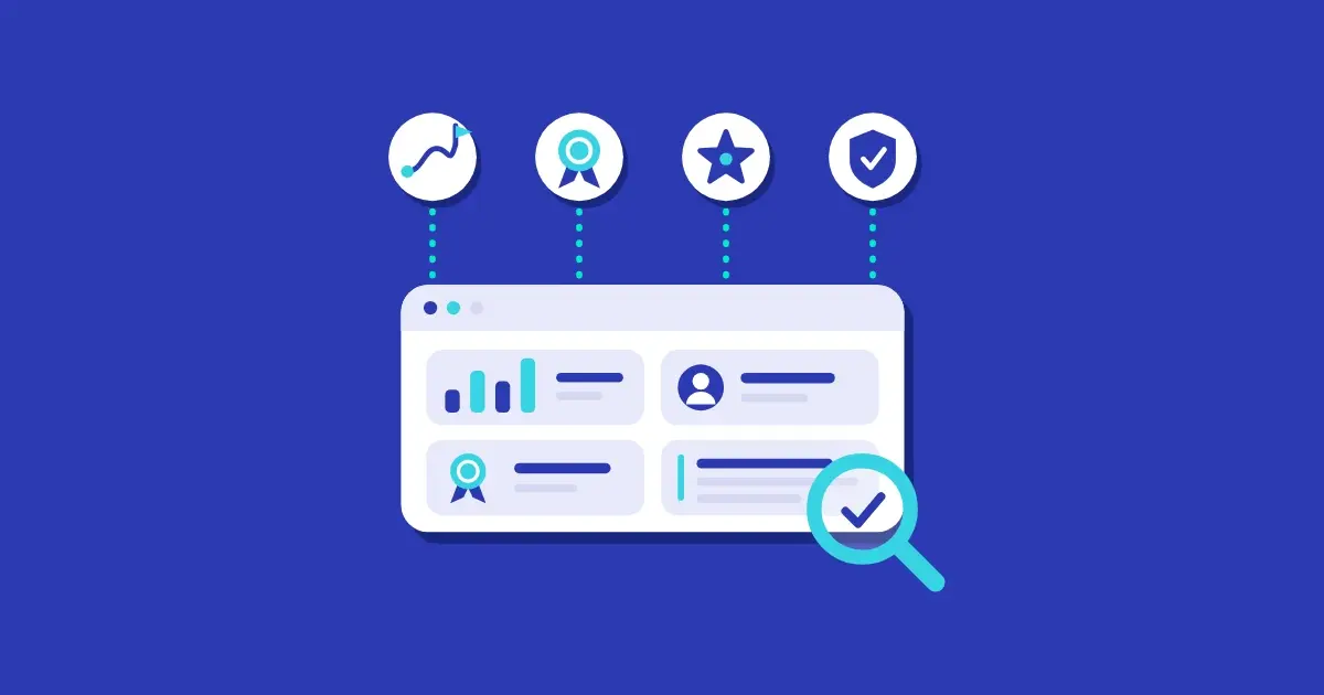 Ilustración con fondo azul de una página web con cuatro bloques de evidencia (un proyecto con resultados, un perfil de autor, una credencial y un testimonio), conectada con cuatro íconos: un camino con meta, una roseta, una estrella y un escudo con check. Una lupa con una marca de verificación resalta el contenido.
