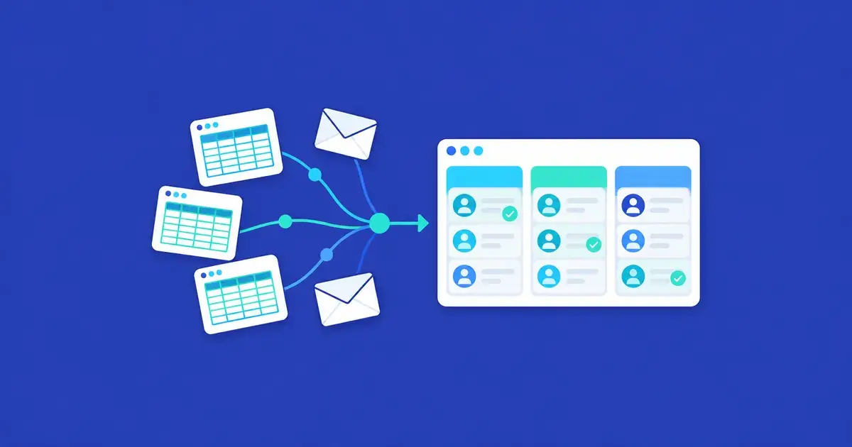 Ilustración de hojas de cálculo y correos conectados a un CRM que organiza contactos y oportunidades comerciales.