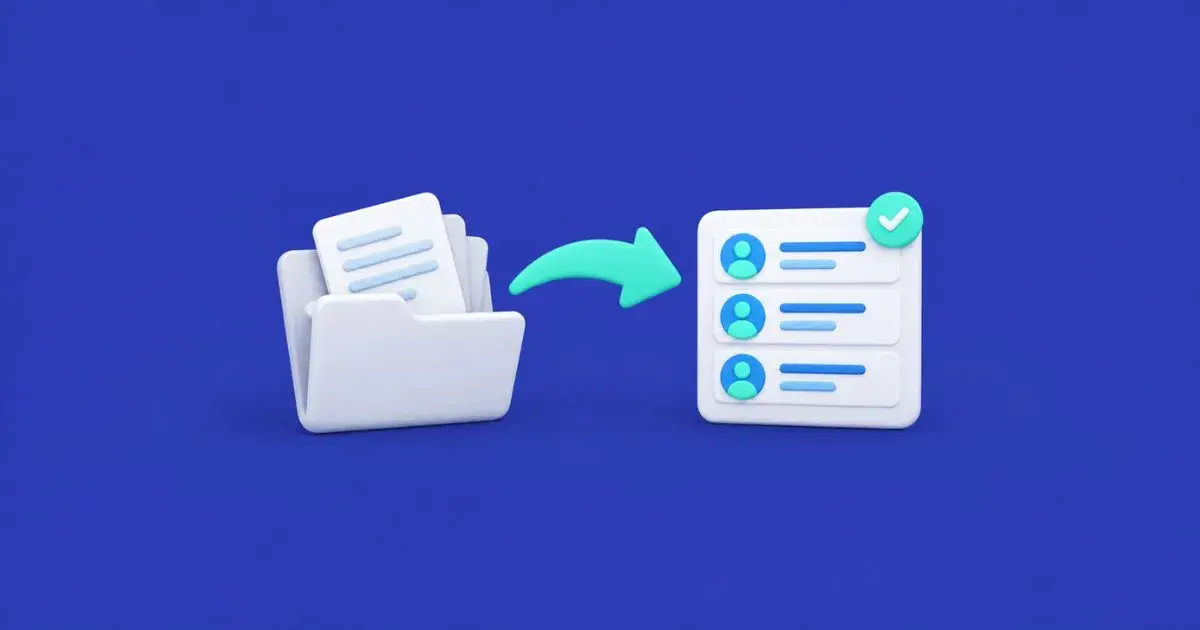 Ilustración de registros de contactos pasando por un filtro hacia una base de datos organizada, que representa la depuración y migración de datos a un CRM.
